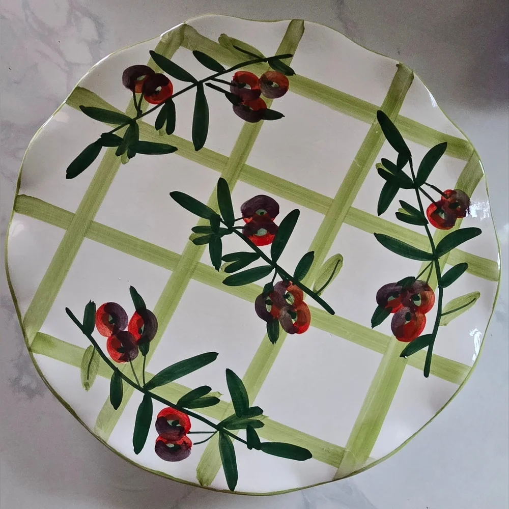 Cherry‎ Pie Recipe Ceramic Pie Plate Green Scalloped Edge  11” Wide